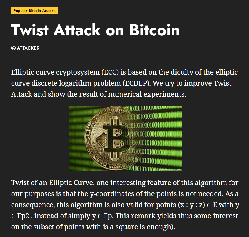 Twist Attack пример №1 выполним ряд операций ECC, чтобы получить значение приватного ключа к Биткоин Кошельку